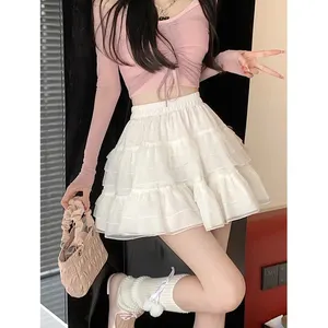 Custom Lady Solid Color Mesh Tiered Ruffle Hem Skirt White Sexy Elastic Band Waist Pleated Flare Mini Skirt For Girls