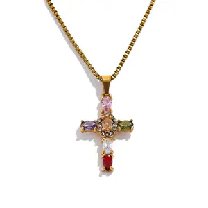 JINYOU 1296 Delicate Colorful Bling Cubic Zirconia Cross Pendant Stainless Steel Luxury Necklace Bling Fashion Shiny Jewelry