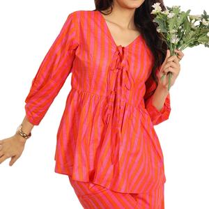 Tunique et chemisier pour femmes, col en V, imprimé textile orange et rose, décontracté, printemps-automne, de haute qualité, personnalisé - Product Image 2