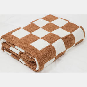 Lightweight Chartreuse and Beige Bed <strong>Blanket</strong> Reversible Knitted Checkered Plaid Woven Tapestry Throw <strong>Kingsize</strong> - Product Image 1