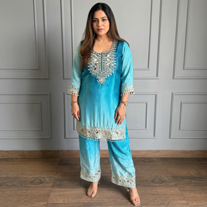 Conjunto de Kurti, Palazzo y Sarara de Seda Chiffon con Bordado de Espejos, Ropa Étnica Tradicional India para Mujer, Venta al por Mayor, Vestido para Fiestas - Product Image 5