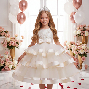 Elegante Abito da Festa per Bambine con Collo Rotondo, Vestito da Principessa Multistrato Color Champagne per Bambine da 2 a 10 Anni - Product Image 3