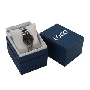Caixa de relógio de pulso de PU de cor azul com logotipo personalizado do fabricante, caixa de couro para relógio, embalagem com travesseiro macio