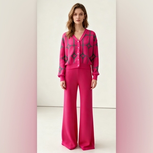 Fall Women's Jacquard V-Neck <b>Cardigan</b> <b>Sweater</b> & Long Pants Stylish Knit 2-Piece Set Fashion - Product Image 1