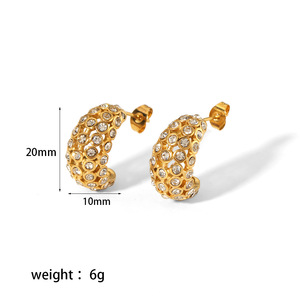 Retro Pearl Zircon <b>Stud</b> Earrings 18K Gold Plated C Shape <b>Titanium</b> Steel Party Fashion Jewelry - Product Image 3