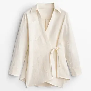 Kimono corto de lino marfil Tong Rui, cierre cruzado con cuello en V y pajarita, camisa de lino para mujer