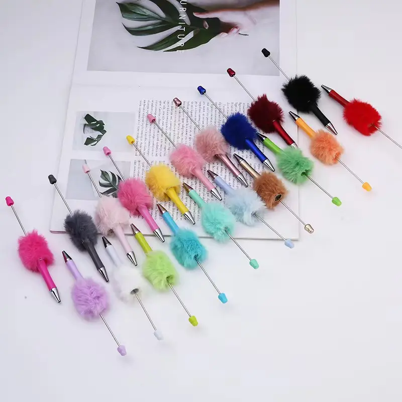 Hot selling Amazon TikTok Colour Plastic Bead Pens ballpoint Plush Pens Diy Carved Creative Add A Bead Print Gift Bead Pens