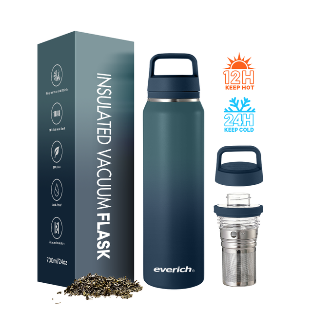 100% Leak Proof Custom logo BPA Free 500ml 700ml Stainless Steel Insulated Water Bottle with Tea Infuser and Handle Lid