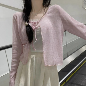 Cardigan fin à col en V et lacets, protection solaire, pour femme, nouvelle collection printemps, style délicat, design polyvalent, pull court - Product Image 3