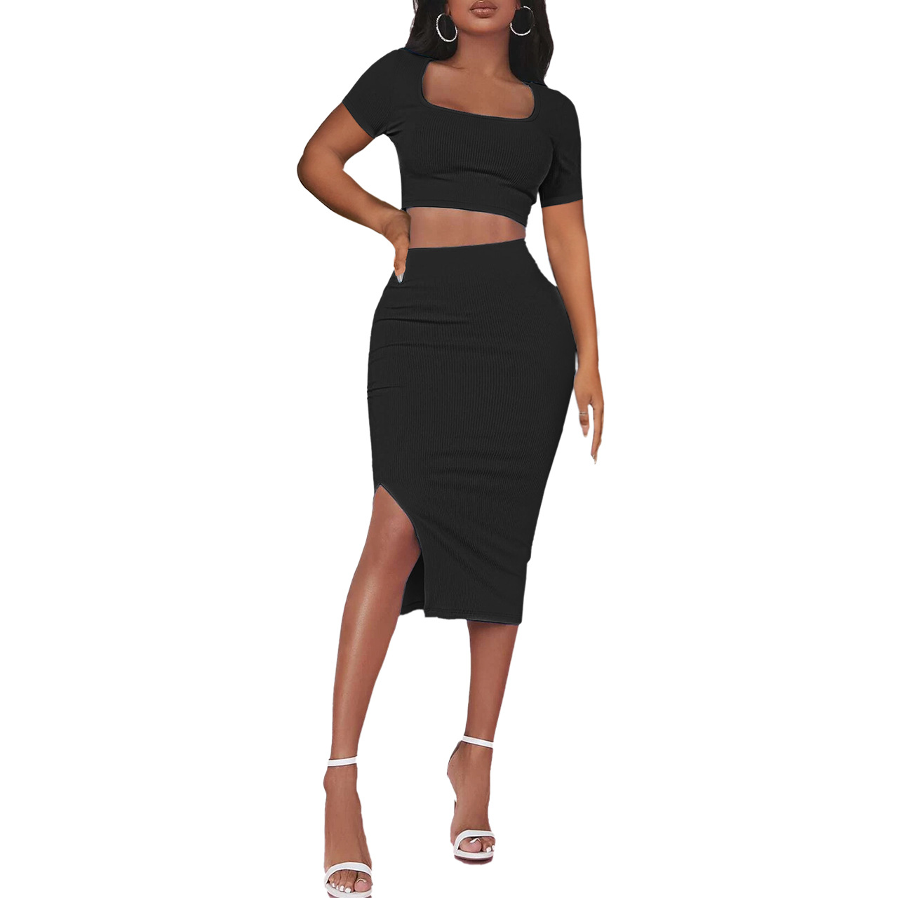 black two piece club dress Set For Life Black Ribbed Bodycon Two-Piece Midi Dress