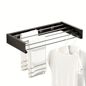 Séchoir à linge mural escamotable en acier inoxydable noir pour salle de bain, pliable et dissimulé - Product Image 2