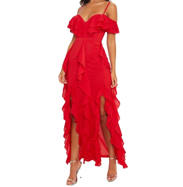 Sexy Red Cold Shoulder Spaghetti Strap Ruffle Split Party Maxi Dress Women