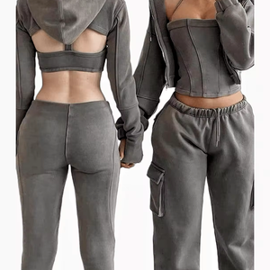 Rompi korset celana keringat Hoodie 3 potong Set Wanita setelan olahraga baju olahraga wanita katun ritsleting Prancis dengan atasan korset - Product Image 1