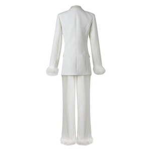 AIMEISI fabbrica di porcellana inverno elegante colletto in raso giacca decorazione con piume pantaloni dritti completo due pezzi completo completo da <span class=keywords><strong>donna</strong></span> - Product Image 6