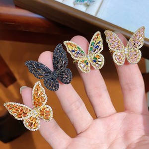 Cincin Kupu-kupu Besar Warna Pink Brass untuk Wanita, Cincin Jari Terbuka yang Dapat Disesuaikan dengan Zirkon Berkilau, Hadiah - Product Image 6
