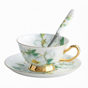 ORIGINAL Floral Bone China Tea <b>Cup</b> and Saucer Set <b>Gold</b> Trim Round Ceramic <b>Cups</b> for Back to School Gift - Product Image 1