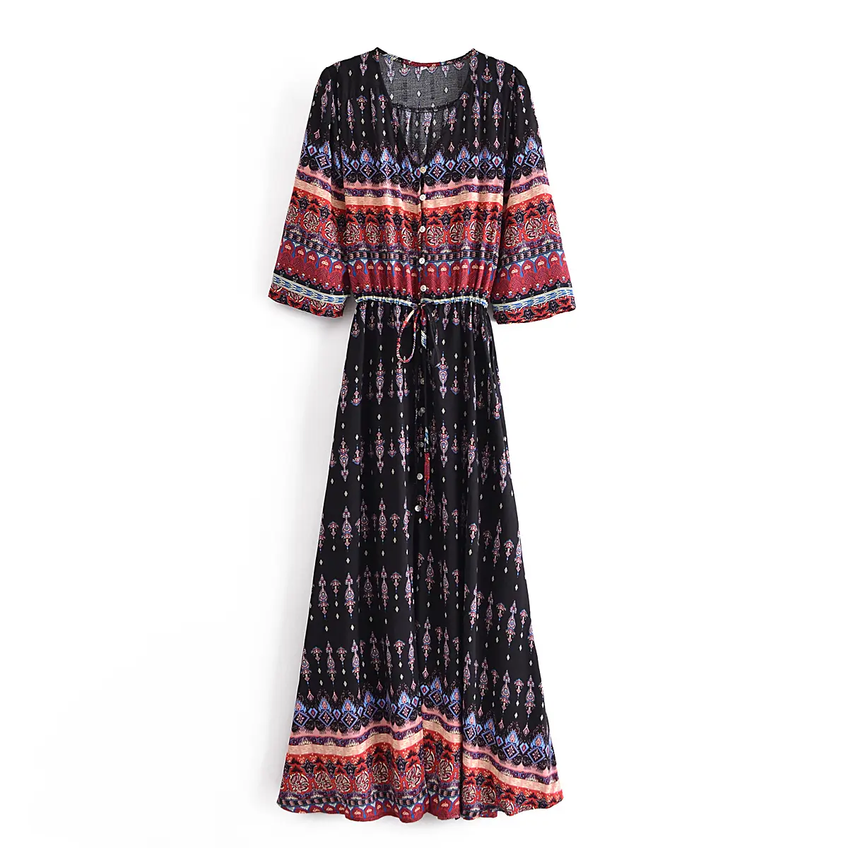 V Cổ Màu Đen In Hoa Dài Maxi Bohemian Rayon Dress Phụ Nữ Quần Áo Boho Giản Dị