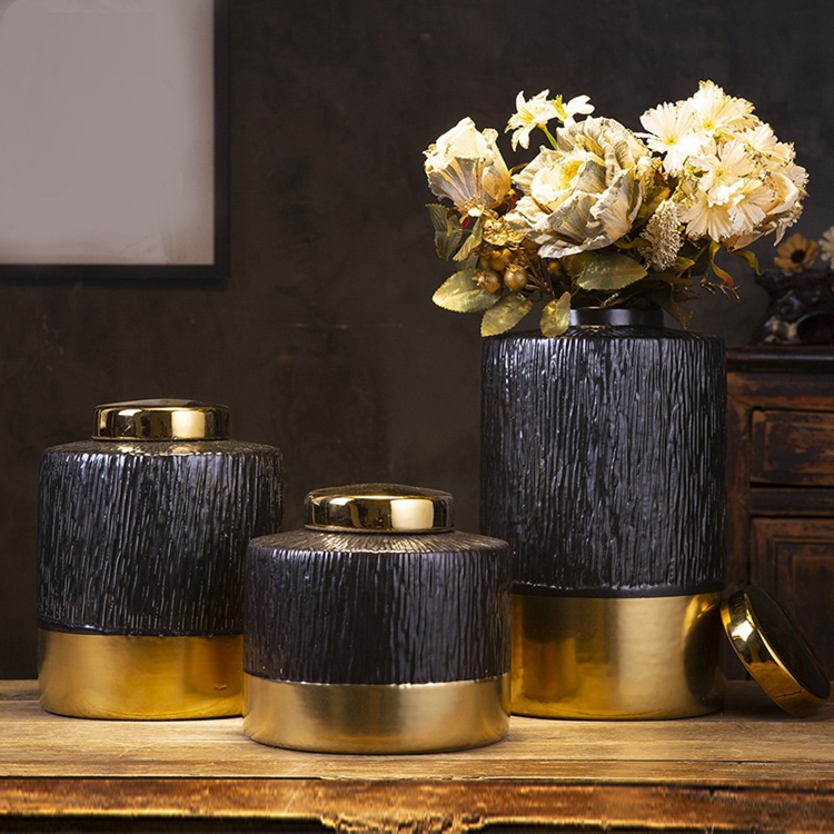 New style living room dry flower decoration gold edged black ceramic vase