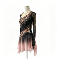 Robe de patinage artistique dégradé noir et rose, manches longues, dos ouvert, strass, pour adultes et enfants