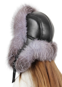 Sombrero de cazador de piel de zorro plateado con orejeras para mujer Topi <span class=keywords><strong>Ushanka</strong></span>, sombreros de bombardero soviético, gorra de cazador con parte superior de cuero - Product Image 6