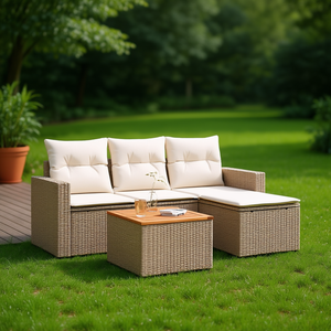Ensemble de canapés de jardin en polyrotin avec coussins beige crème, meubles d'extérieur en bois d'acacia brun, 4 places, design contemporain, résistant aux intempéries - Product Image 2