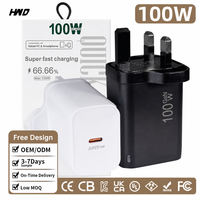 Pengisi Daya Cepat 100W GaN PD3.0 Satu Port Tipe-C Colokan UK OTP Adaptor Daya Tahan Api untuk Ponsel Laptop Tablet