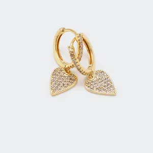 Delicate Lady Fashion Jewelry Gold Small Zirconia Pendant Drop Mini Huggie Hoop Pave CZ Heart Earrings