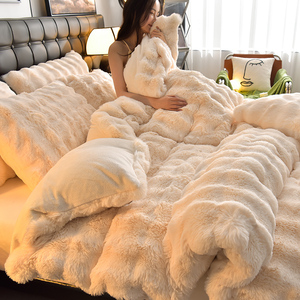 Bộ chăn ga gối đệm phong cách Mỹ sang trọng nhẹ nhàng, mềm mại và ấm áp, chất liệu nhung, bốn món, mùa đông, hai mặt sử dụng được - Product Image 1