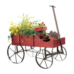 Indoor Outdoor Decorative Wagon Wheelbarrow Planter Wood Amish Wagon Backyard Planter