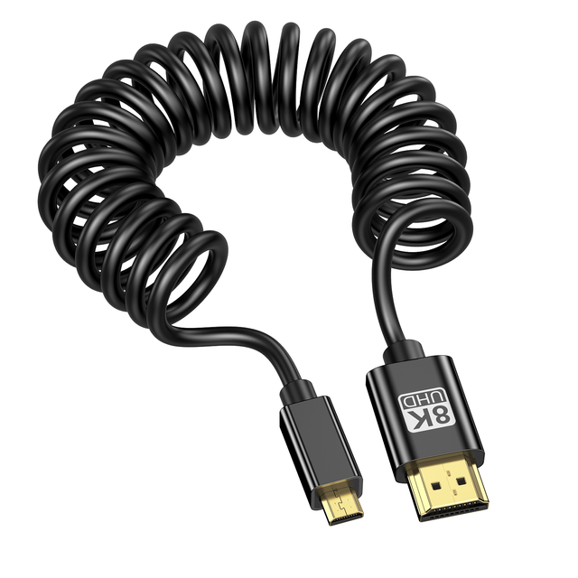 Coiled Micro HDMI Type D to HDMI Type a 8K 60HZ Cable Stretchable Spiral Cord for DSLR Camera Field Monitor