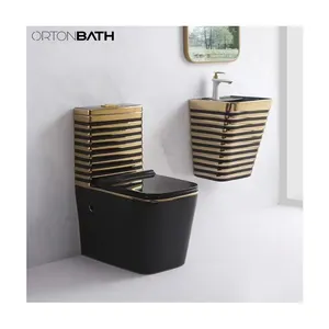 ORTONBATH Contemporary Floor-Mounted One-Piece Toilet with Standard Height and Soft-Close Seat -Black/ Gold Toilet