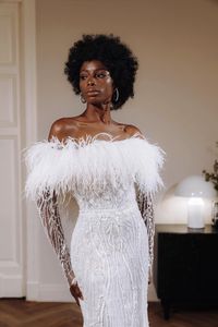 2024 robes <span class=keywords><strong>de</strong></span> mariée sirène modeste Sexy Vintage robes <span class=keywords><strong>de</strong></span> mariée plume <span class=keywords><strong>Robe</strong></span> <span class=keywords><strong>de</strong></span> mariée Tulle perlé dentelle plume <span class=keywords><strong>Robe</strong></span> <span class=keywords><strong>de</strong></span> mariée - Product Image 6