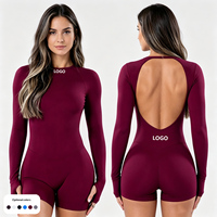 Combinaison de yoga sans couture à manches longues et dos nu pour femme, avec effet froncé aux fesses, contrôle du ventre, haute élasticité, respirante, pour fitness et gym