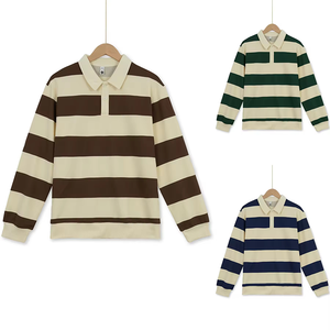 新学期服 カスタムプリント 刺繍入り ストライプ ポロネック ラグビーポロシャツ 長袖Tシャツ メンズ レディース - Product Image 3