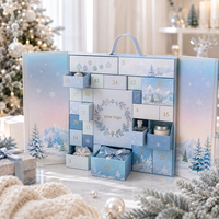 Calendrier de l'Avent de Noël à 24 tiroirs, motif flocon de neige bleu glace, boîte rigide en papier style valise, logo personnalisé OEM