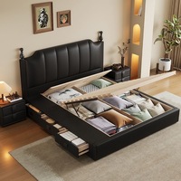 Modernes Vintage Öko-Freundliches Gepolstertes Plattformbett mit Stauraum, Queen-Size, Weiches Bett mit Hohen Pfosten, Gestepptes PU-Leder-Kopfteil aus Kiefernholz