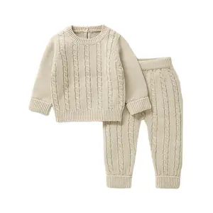 मिमिमिक्सिओंग थोक बेबी लड़कियों लड़कों के जैक्वार्ड ठोस नवजात शिशु गिरने वाले शीतकालीन कपड़े पैंट सेट के साथ पल्लोवर स्वेटर सेट