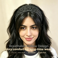 Bandeau Hijab Femme Noir Géométrique en Nylon Sablé Mat, Élégant, Durable, de Haute Qualité, Creux, pour le Front, pour Mariage et Tenue Musulmane