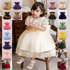 High Quality Luxury Yellow Princess Embroidery 3D Flower Kids Girl Birthday Party Dress For Baby