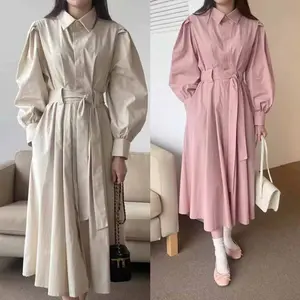 Fashion shirt dresses women casual Polyester-cotton Lyocell-like shirt-style A-swing dress with belt