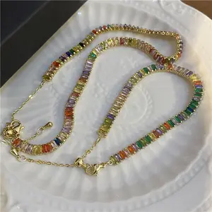 Personality Fashion Collarbone Chain Jewelry Female Rainbow Color Zircon Clavicle Tennis Chain Necklace With Extension Chain