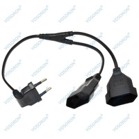 Kabel Ekstensi EU CEE7/16 90 Derajat, Colokan Jantan ke Betina, Output Ganda 2 Arah 2 in 1, Kabel Pemisah Daya 2 Cabang Eropa
