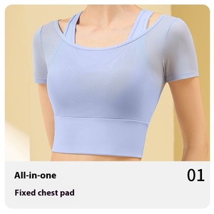 Phụ nữ cao đàn hồi Ngoài trời Chạy Yoga mặc mùa hè ngắn tay lưới thể thao Tích hợp cố định ngực Pad Áo thể thao thoáng khí - Product Image 5
