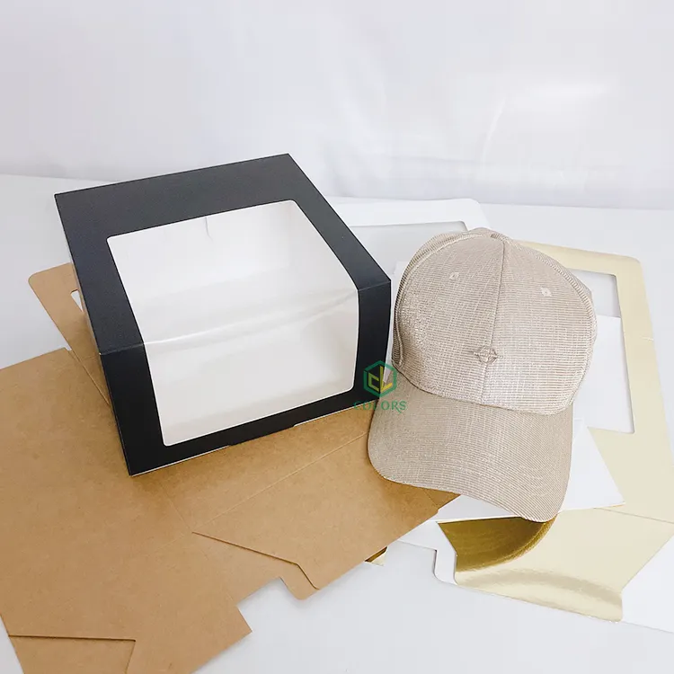 Pabrik murah topi Snap kotak kartu kertas desain kustom untuk topi bisbol kotak surat topi dengan PVC jendela bening topi kotak hadiah kemasan