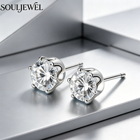 Boucles d'oreilles clous en moissanite Souljewel au design simple, six griffes, plaqué rhodium, argent 925, couleur D, VVS, certifiées GRA, unisexe