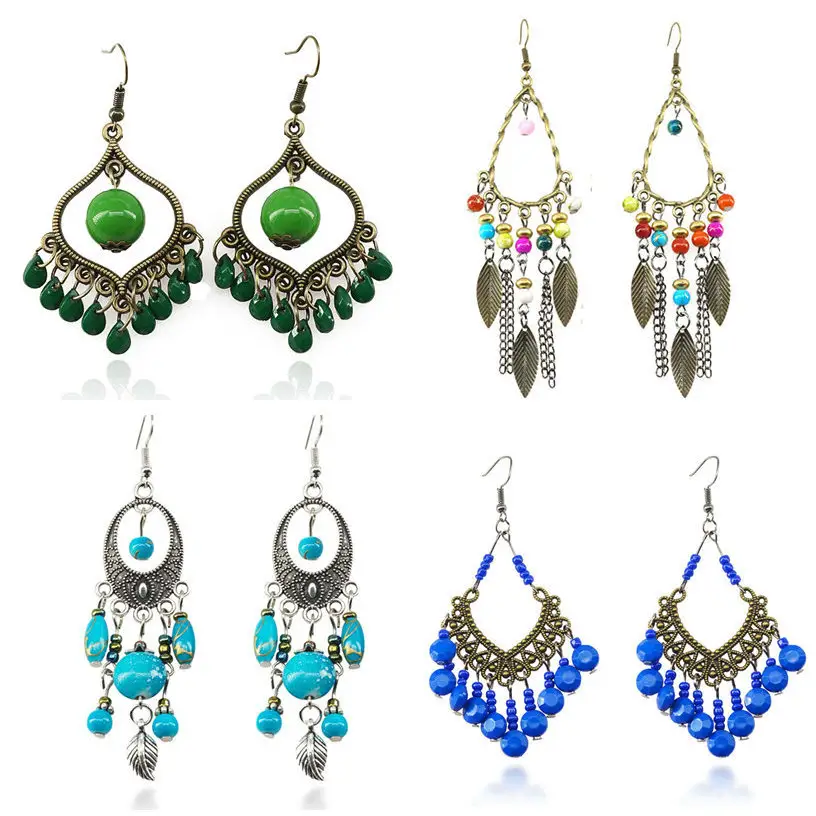 Wholesale 77 Style Bohemian Handmade Stone Tassel Earring Ethnic Long Crystal Feather Bohemian Earrings