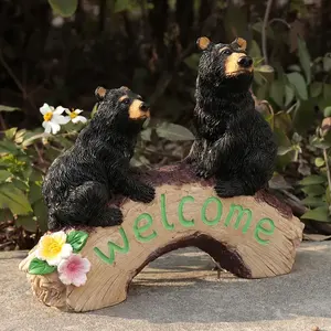 Figura de Resina de la Madre Osa y sus Crías, Pintada a Mano en Negro, Decoración para Interiores/Exteriores - Product Image 1