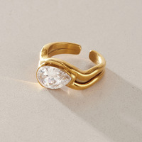 Bague élégante pour femme en acier inoxydable, zircon blanc, design ouvert double couche, forme goutte d'eau, style européen-américain, plaqué or sous vide