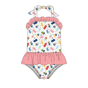 Nieuwste Populaire Katoenen Applique Badmode Bikini Zomer Ruche Zwempak Kids Meisjes Badpakken