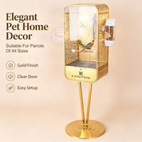Cage à oiseaux de grande taille robuste avec support, panneau décoratif en feuille découpée au laser doré, façade en acrylique transparente, de qualité supérieure pour l'intérieur